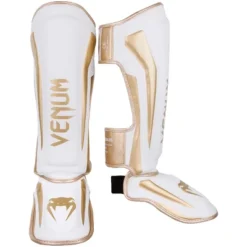 Venum Elite Lightweight Hook And Loop Shin Guards - White/Gold
