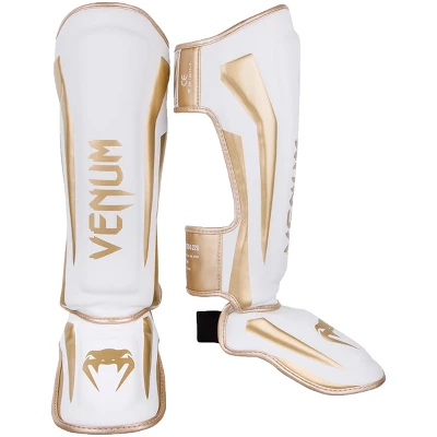 Venum Elite Lightweight Hook And Loop Shin Guards - White/Gold